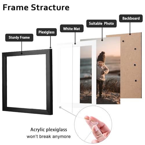 KINLINK 5x5 Picture Frames Black, Square Photo Frames with Plexiglass for Picture 4x4 with Mat or 5x5 without Mat, Composite Wood Picture Frames for Table Top and Wall Mounting, Set of 4