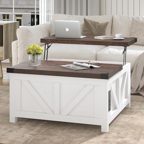 jimeimen Farmhouse Lift Top Coffee Table with Storage, Wood Square Center Table with Charging Station&USB Ports, Living Room Central Table w/Large Hidden Space, for Living Room, Bedroom, Home Office