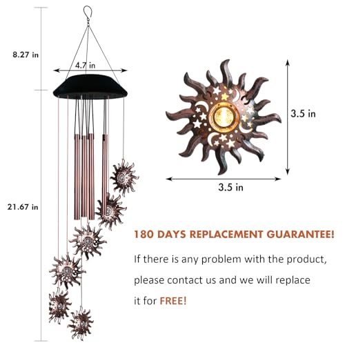 Solar Sun Wind Chimes for Outside Solar Sun Moon Star Wind Chimes Outdoor Hanging Lights Warm LED Outdoor Sun Decor Sun Gifts for Wife Mother Grandmom Christmas Bronze