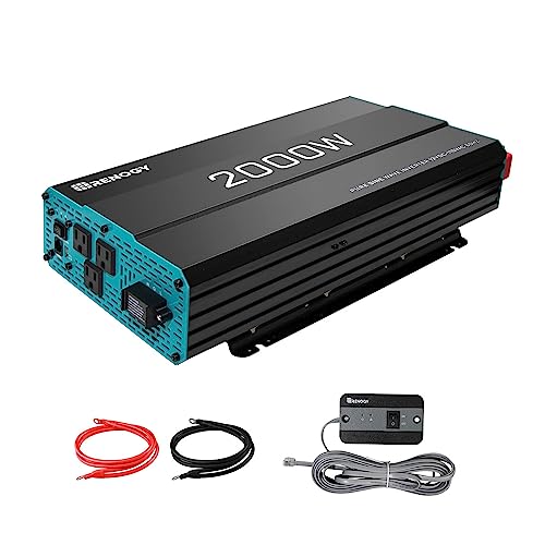 Renogy 2000W Pure Sine Wave Inverter 12V DC to 120V AC Converter for Home, RV, Truck, Off-Grid Solar Power Inverter 12V to 110V with Built-in 5V/2.1A USB / Hardwire Port, Remote Controller