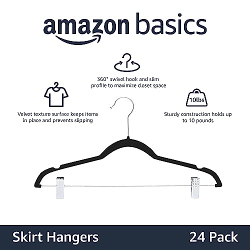 Amazon Basics Velvet, Non-Slip Closet Skirt Clothes Hangers with Clips, Pack of 24, Black/Silver