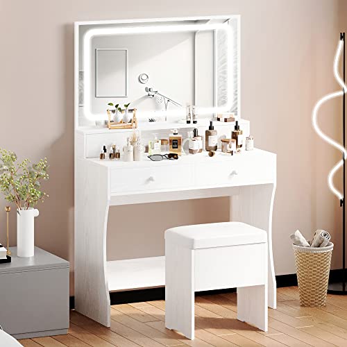 IRONCK Vanity Desk with LED Lighted Mirror & Power Outlet, Makeup Vanities Table with 4 Drawers,Storage Bench,for Bedroom White