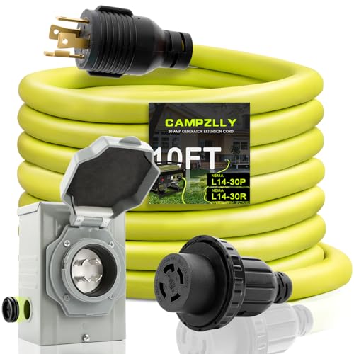 Campzlly 30 Amp Generator Cord 10FT and Power Inlet Box, NEMA L14-30P/L14-30R 125/250V Twist Lock Connector with Pre-Drilled NEMA L14-30P Generator Inlet Box for Generator to House, ETL Listed