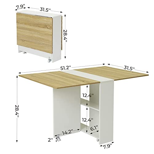 Tiptiper Folding Dining, Versatile Dinner Table with 6 Wheels and 2 Storage Racks, Space Saving Kitchen, Dining Room Table, 31.5 in x 51.2 in x 28.4 in, Pear Wood Color and White