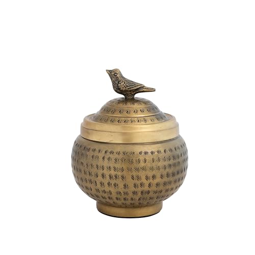 Creative Co-Op Hammered Aluminum Sphere Lid and Bird, Antique Brass Finish Container