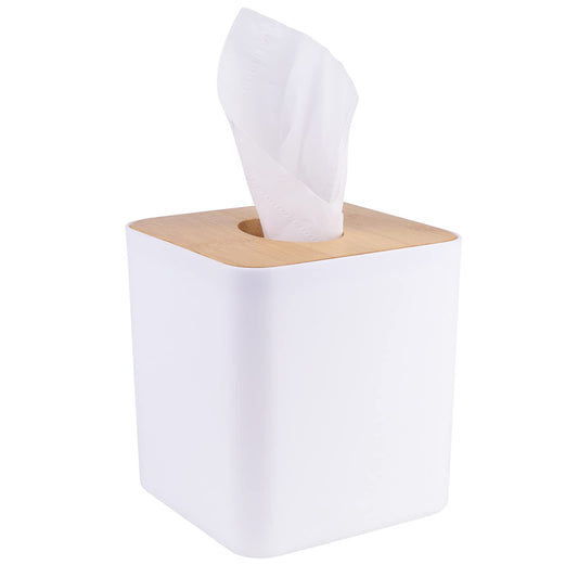 Tissue Box Cover,Tissue Holders,Tissue Box Holder for Bathrooms,Bamboo Cover Plate,Home and Office,5 * 5 * 5.4in (White)