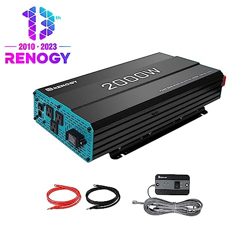 Renogy 2000W Pure Sine Wave Inverter 12V DC to 120V AC Converter for Home, RV, Truck, Off-Grid Solar Power Inverter 12V to 110V with Built-in 5V/2.1A USB / Hardwire Port, Remote Controller