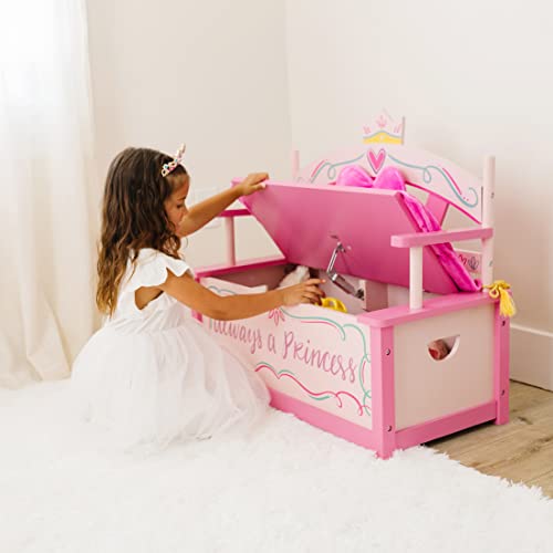 Wildkin Kids Princess Wooden Bench Seat With Storage, Toy Box Bench Seat Features Safety Hinge, Padded Backrest, Seat Cushion, and Two Carrying Handles, Measures 32 x 15.5 x 27.5 Inches (Pink)