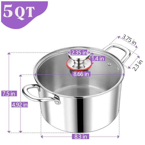P&P CHEF Tri-Ply Stainless Steel Stockpot (5 QT), Large Stock pot with Visible Lid for Soup Pasta Vegetable, Induction Cooking Pot for All Stoves, Heavy-Duty Pot with Double Handle, Dishwasher Safe