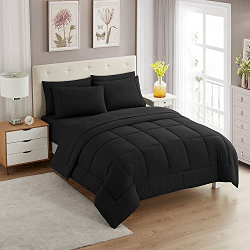 Sweet Home Collection 5 Piece Comforter Set Bag Solid Color All Season Soft Down Alternative Blanket & Luxurious Microfiber Bed Sheets, Black, Twin