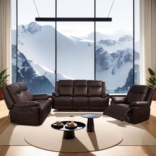 Evedy Living Room Furniture Sets,3 Pieces Manual Include 3-Seater Sofa/Loveseat/Armchair,Home Theater Seating Recliner-Brown