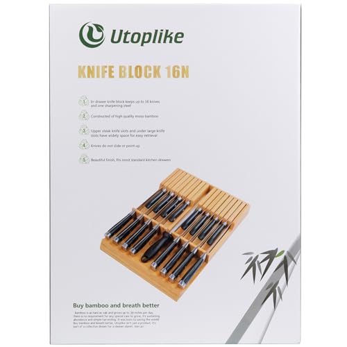 Utoplike In-drawer Knife Block Bamboo Kitchen Knife Drawer Organizer, Large handle Steak knife Holder without Knives, Fit for 16 knives and 1 Sharpening Steel (Not Included)