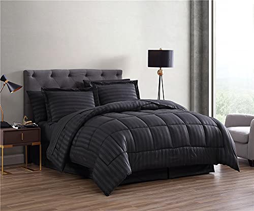 Hariom Decore 1 Piece Classic Egyption Cotton Stripe Premium Quality Comforter-300 GSM, 1000 TC (Full XL Size, Black)