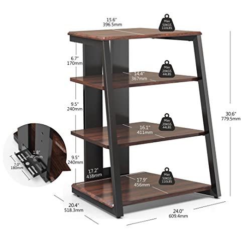 FITUEYES Design 4-Tier AV Media Stand Corner Shelf for Record Player Wooden Stereo Cabinet Audio Rack Tower with Height Adjustable Wooden Shelves for/Apple TV/Xbox One/ps4 (Walnut)