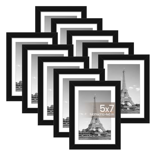 upsimples 5x7 Picture Frame Set of 10, 4x6 with Mat or 5x7 Without Mat, Multi Photo Frames Collage for Wall or Tabletop Display, Black