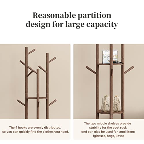 KungFuWood KASLANDI Coat Rack, Solid Wood Rotary Coat Rack Stand, Freestanding Coat Rack with 3 Shelves and 9 Hooks, Sturdy and Easy to Assemble Coat Tree for Entryway, Bedroom, Coats, Bags (Walnut)