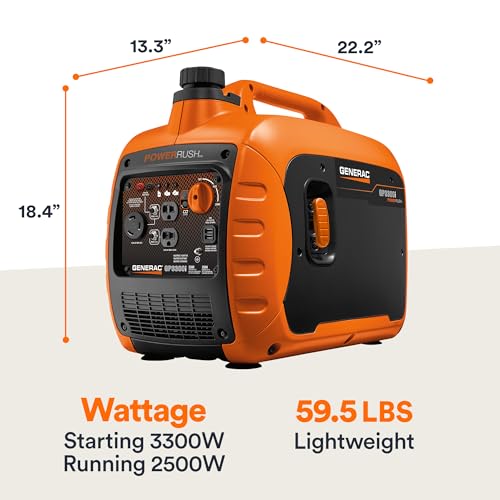 Generac 7153 GP3300i 3,300-Watt Gas-Powered Portable Inverter Generator - Lightweight Design - USB Ports for Mobile Device Charging - COsense Technology - CARB Compliant, Orange/Black