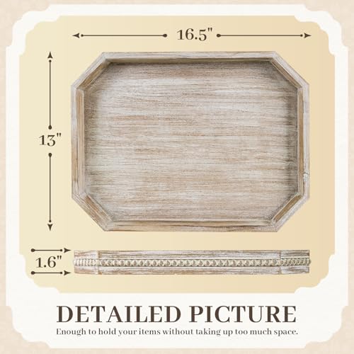 Wooden Decorative Tray, Rustic Serving Tray with Wood Bead, Farmhouse Big Tray for Ottoman, Countertop, Coffee Tabl, 16.5" x 13"x 1.6" (White Washed)