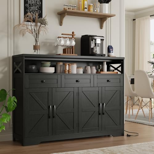 51" Black Buffet Sideboard Cabinet with Storage, Farmhouse Kitchen Storage Pantry Cabinet with Shelves, Wood Cupboard Hutch Cabinet, Coffee Bar Station Table for Kitchen, Living Room, Dining Room