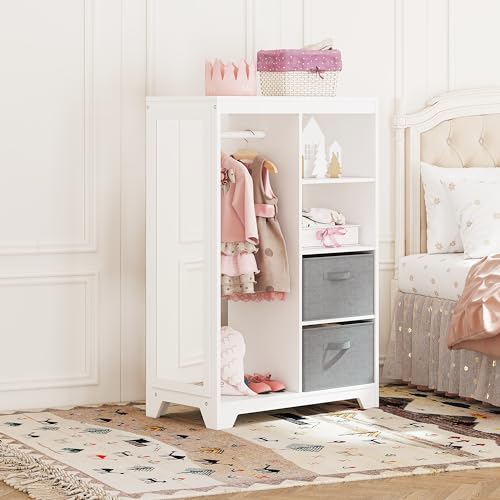 UTEX Kids Dress Up Storage with Full Length Mirror, Kids Armoire with 2 Storage Bins, Opening Hanging Costume Closet Wardrobe for Kids, Pretend Storage Closet Armoire Dresser for Kids Room