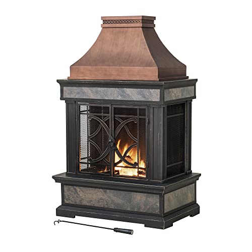 Sunjoy Outdoor Fireplace, Stone Look Tile Patio Wood Burning Steel Fireplace with Chimney, Spark Screen, Fire Poker, Rain Cover, and Removable Grate, Copper with Gray Tile