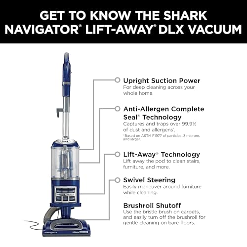 Shark Upright Vacuum, Navigator Lift-Away Deluxe with Large Dust Cup Capacity, HEPA Filter, Swivel Steering, Upholstery Tool & Crevice Tool, Blue, NV360