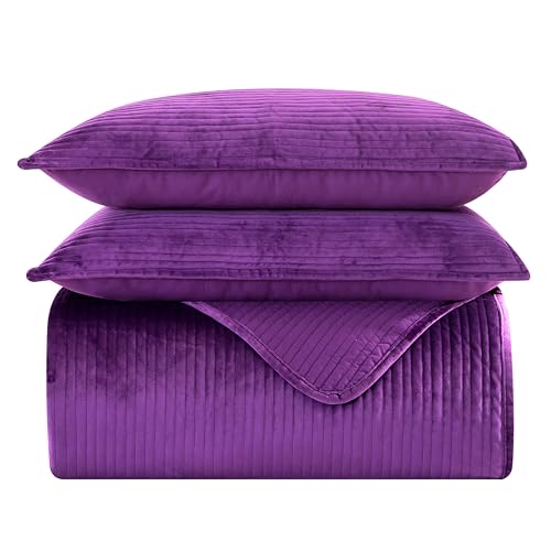 Elegant Comfort Luxury 3-Piece Velvet Corduroy Stripe Quilt Set, Ultra Soft Bedspread - Cozy Velvet Coverlet Set - 3PC Medium Weight Quilted Set with Matching Pillow Shams, Twin XL, Purple