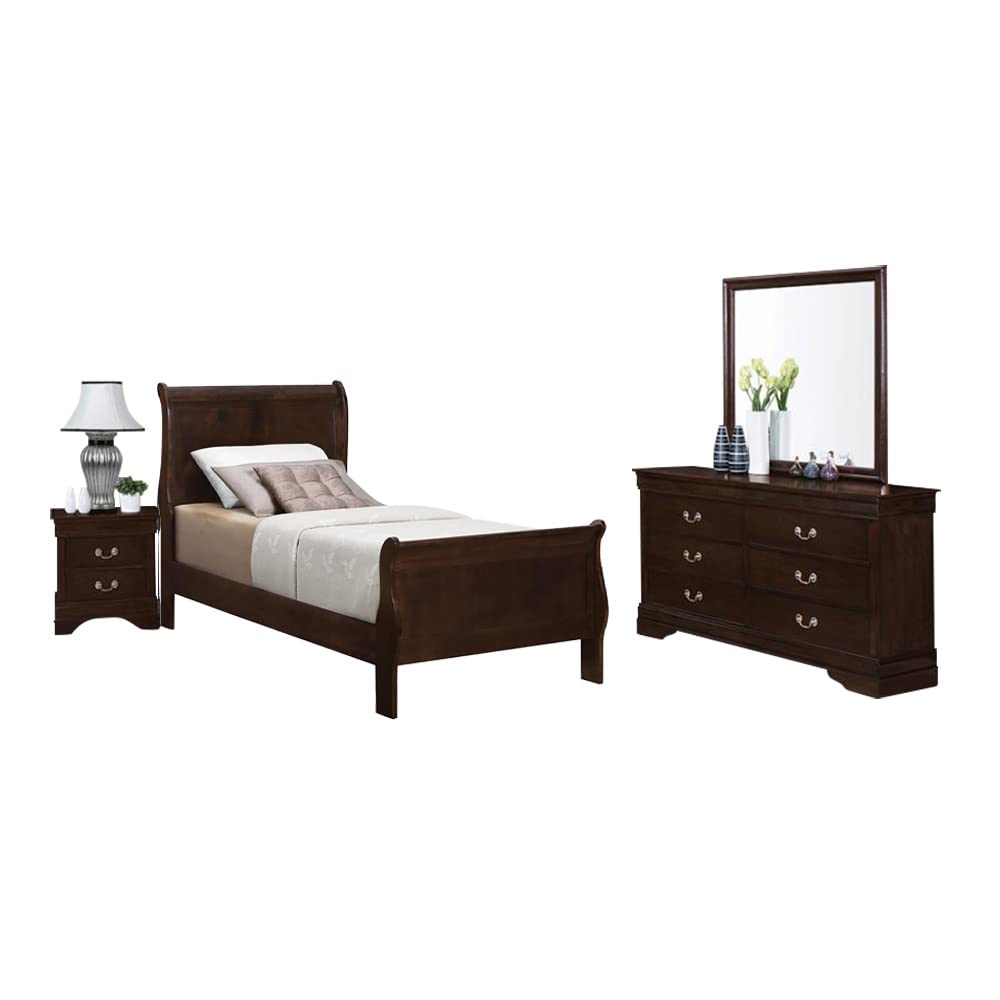 Coaster Home Furnishings Louis Philippe 4-piece Bedroom Set Twin Size Traditional Wooden Sleigh Bed Frame 47-Inch Panel Headboard Nightstand Dresser and Mirror Cappuccino Brown 202411T-S4