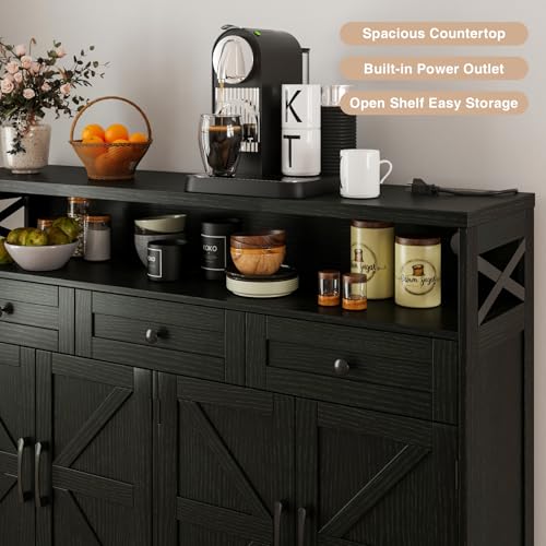 51" Black Buffet Sideboard Cabinet with Storage, Farmhouse Kitchen Storage Pantry Cabinet with Shelves, Wood Cupboard Hutch Cabinet, Coffee Bar Station Table for Kitchen, Living Room, Dining Room