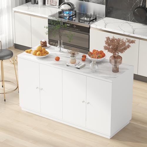 AIEGLE Kitchen Island with Storage Cabinet, Stationary Kitchen Table with 4 Doors, 3 Open Shelves & 6 Drawers, Coffe Bar & Kitchen Prep Table with Marble Grain Tabletop for Dining Room, White