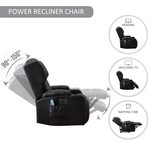 DRMBOOK Leather Power Recliner Chair Set with Multi-Functional Console, LED Light Theater Seating Double Recliner with Massage and Heat, Cup Holders/Charging/Free Pillows (Black, Set of 2)