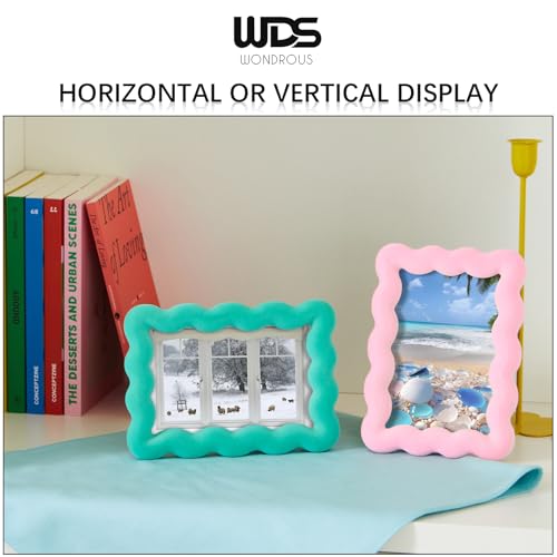 WDS WONDROUS 2 PCS 3x5 Wavy Picture Frames for Table Top, Small Pink and Green Standing Photo Frame Set for Postcard Cute Kids Art, Wedding Decorations for Friends Desk Gallery Display Living Room