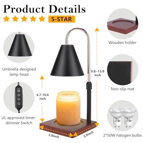 Cubetoou Candle Warmer Lamp with Timer, Adjustable Height of Candle Warmer, Vintage and Dimmable Electric Lamp Candle Warmer for Scented Candles, Great Gift for Candle Lovers (Black)