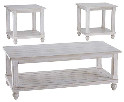 Signature Design by Ashley Cloudhurst Farmhouse 3-Piece Table Set, Includes 1 Coffee Table and 2 End Tables with Lower Storage Shelf, White with Rustic Finish