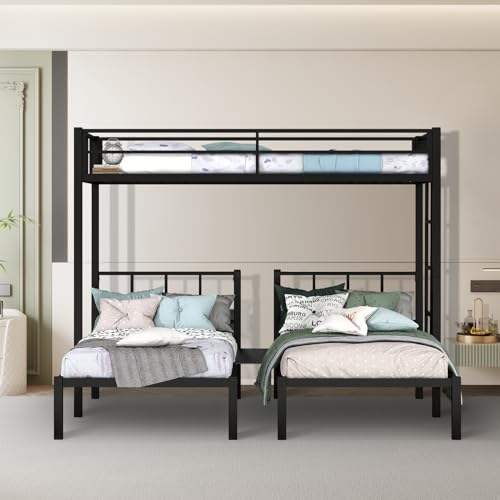 Morhome Triple Bunk Bed Twin Over Twin, Metal Triple Twin Bedframe with Guardrail & Ladder, Can Be Separated into 3 Twin Beds/No Box Spring Needed/Easy Assemble