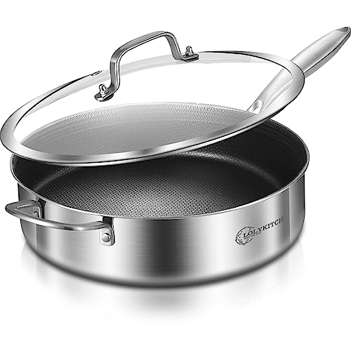 LOLYKITCH 6 QT Tri-Ply Stainless Steel Non-stick Sauté Pan with Lid,12 Inch Deep Frying pan,Large Skillet,Jumbo Cooker,Induction Pan,Heavy Dutry and Oven Safe,Detachable Handle.