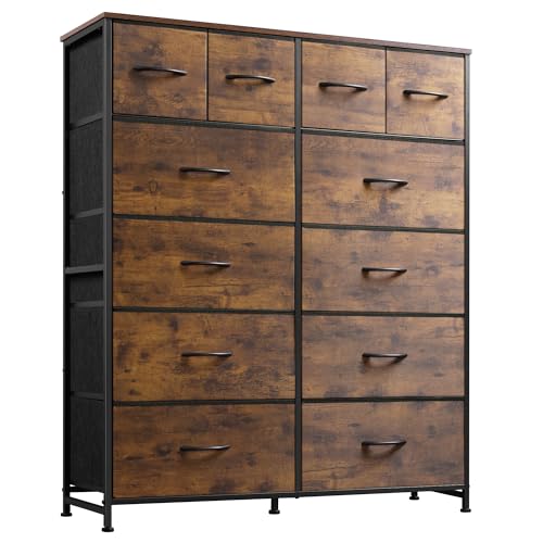 WLIVE Tall Dresser for Bedroom with 12 Drawers, Chests of Drawers, Fabric Dresser for Bedroom, Closet, Fabric Storage Dresser with Drawers, Steel Frame, Rustic Brown Wood Grain Print