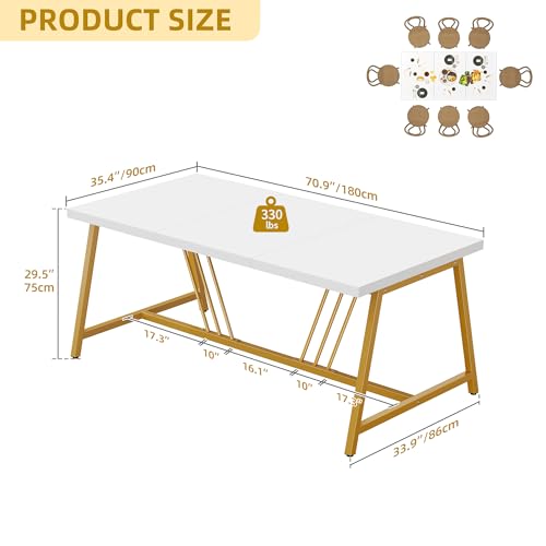 YITAHOME 70.9 Inch Large White Dining Table for 6-8 People, Modern Farmhouse Kitchen Dinner Table with Gold Geometric Metal Legs, Rectangular Wood Dining Room Dinette Table for Kitchen, Living Room