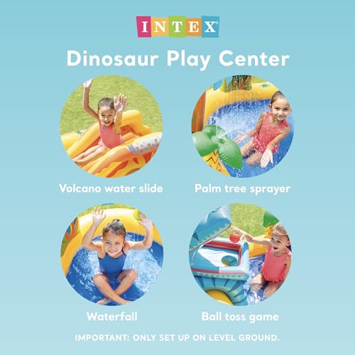 Intex Inflatable Dinosaur Play Center Outdoor Playhouse Inflatable Water Park with Kid Pool Slide, Water Sprayer, Waterfall, and 6 Balls, Multicolor