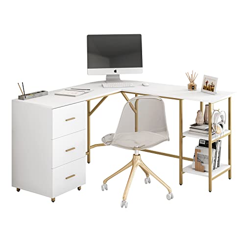 Techni Mobili L Shaped Desk - Two-Toned Computer Desk with Drawers & Storage Shelves - Simple Modern Furniture & Home Office Space Corner Table for Work & Writing