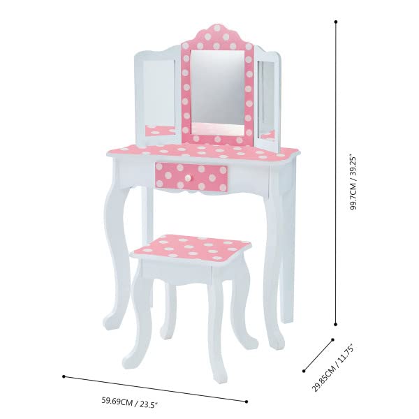 Teamson Kids Princess Gisele Polka Dot Print 2-Piece Kids Wooden Play Vanity Set with Vanity Table, Tri-Fold Mirror, Storage Drawer, and Matching Stool, White with White/Pink Polka Dot Accent