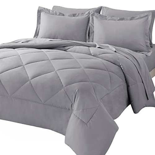 7-Pieces Comforter Sets with Comforter and Sheets Beige All Season Bedding Sets with Comforter, Pillow Shams, Flat Sheet, Fitted Sheet and Pillowcases (Light Grey, Full XL)