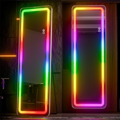 Koonmi RGB Full Length Mirror, 63"x20" Full Body Mirror with LED Lights, Dimming & 7 Color Changing Lighting, Wall Mounted Hanging Mirror with Stand Free Standing Floor Mirror for Bedroom