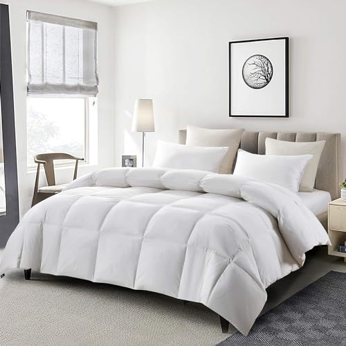 Serta Goose Feather Down Fiber Cotton Comforter Queen Size - 100% Cotton Duvet Insert - Hotel Luxury Hypoallergenic Bedding Comforter All Season Medium Warmth 90 x 90 Inch White