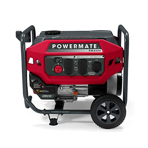 Powermate PM4500 4,500-Watt Gas-Powered Portable Open Frame Generator - COsense Technology - Quiet Operation - Ideal for Home, Camping, RV and Outdoor Activites - Engine Powered by Generac - Red/Black