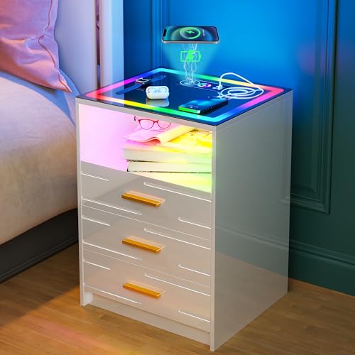 Lvifur LED Nightstand with Wireless Charging Station and 24 Color Dimmable Auto Sensor for Bedroom Furniture,RGB Touch Screen Bedside Table with USB&Type-C Ports and 3 Drawer(High Gloss White)