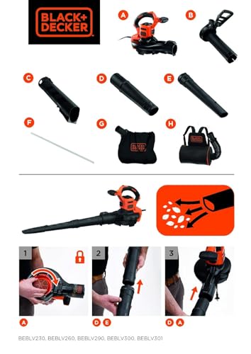 Black+Decker 3-in-1 Electric Leaf Vac & Leaf Blower (3000 Watt, with Shredder, 72L Collection Bag Backpack-High Blow Speed & Adjustable Suction Power for Patios, Paths, Driveways) BEBLV300