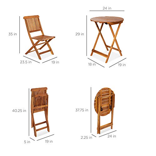 Best Choice Products 3-Piece Acacia Wood Bistro Set, Folding Patio Furniture for Backyard, Balcony, Deck w/ 2 Chairs, Round Coffee Table, Teak Finish - Natural