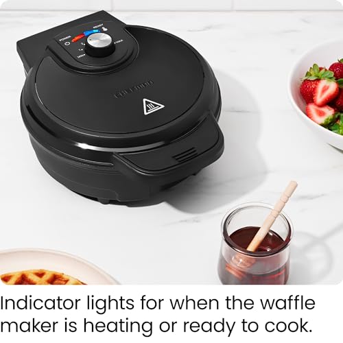 Chefman Anti-Overflow Belgian Waffle Maker w/Shade Selector, Temperature Control, Mess Free Moat, Round Iron w/Nonstick Plates & Cool Touch Handle, Measuring Cup Included, Black, RJ04-AO-4