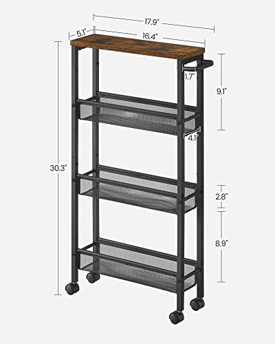 VASAGLE Slim Rolling Cart, 4-Tier Storage Cart, Narrow Cart with Handle, 5.1 Inches Deep, Metal Frame, for Kitchen, Dining Room, Living Room, Home Office, Rustic Brown and Classic Black ULRC032B01V1